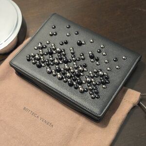 Bottega Veneta Black Leather Crossbody Wallet with Black and Silver Beads